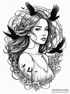 A girl whose hair is a flock of black birds t... - эскиз тату (№1752104676_0, 09.07.2025 23:44) — Tatufoto.com