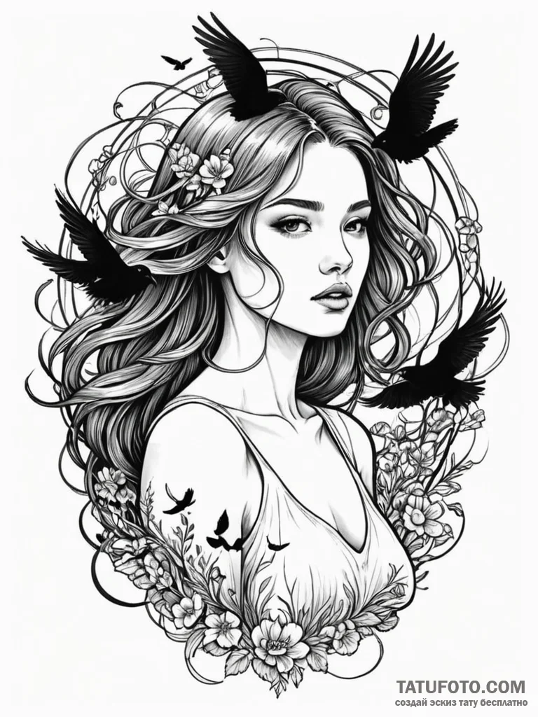 A girl whose hair is a flock of black birds t... - эскиз тату (№1752104676_0, 09.07.2025 23:44) — Tatufoto.com