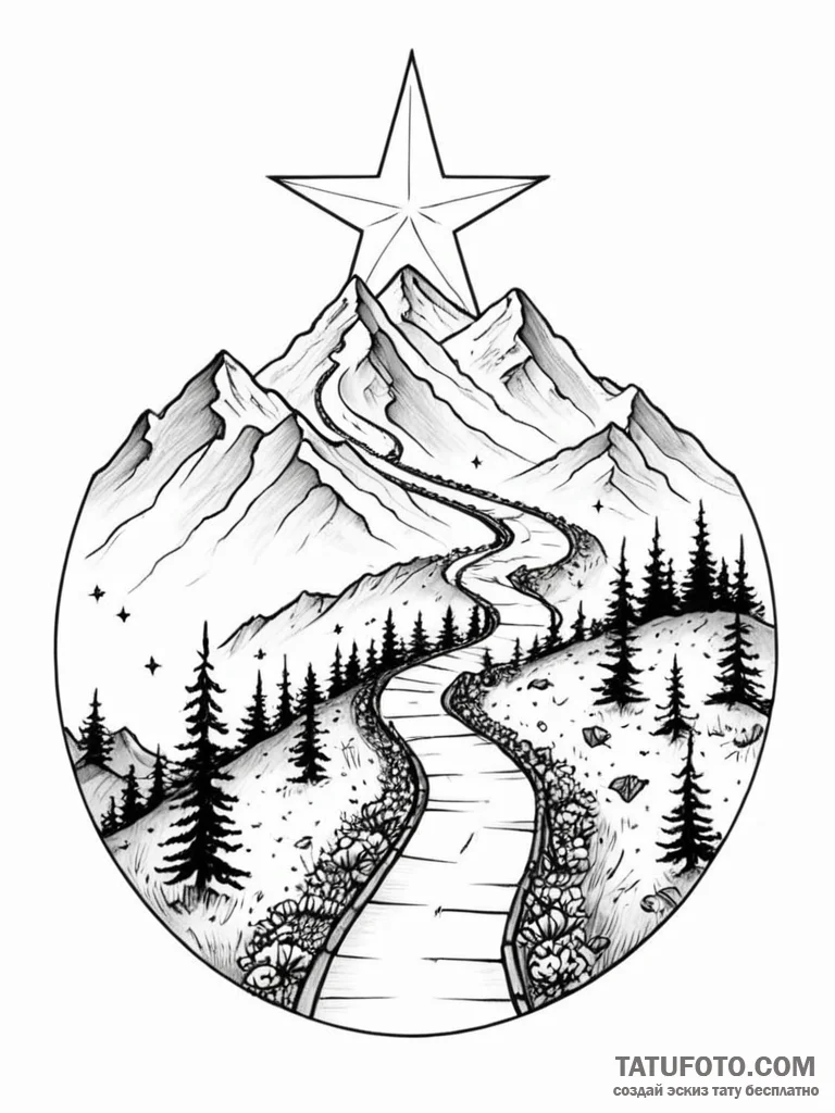 A winding path leading up a mountain to a sin… — эскиз тату (№1752105849_0, 10.07.2025 00:04) — Tatufoto.com
