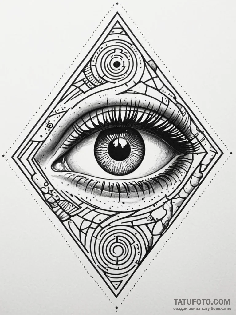 A human eye, its iris is a detailed maze, wit… — эскиз тату (№1752106693_0, 10.07.2025 00:18) — Tatufoto.com