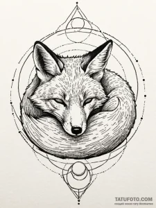 A sleeping fox, curled up, a soft ball of ora... - эскиз тату (№1752106777_0, 10.07.2025 00:19) — Tatufoto.com