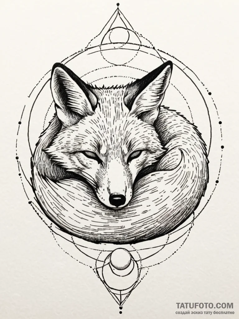 A sleeping fox, curled up, a soft ball of ora… — эскиз тату (№1752106777_0, 10.07.2025 00:19) — Tatufoto.com