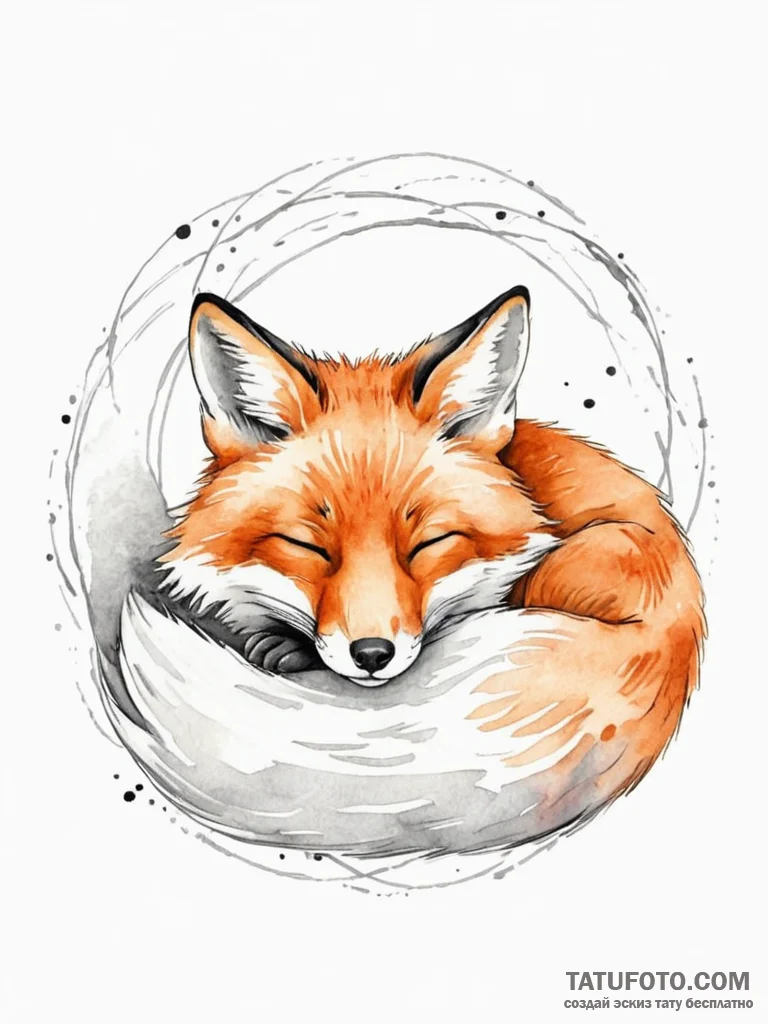 A sleeping fox, curled up, a soft ball of ora... - эскиз тату (№1752106944_0, 10.07.2025 00:22) — Tatufoto.com