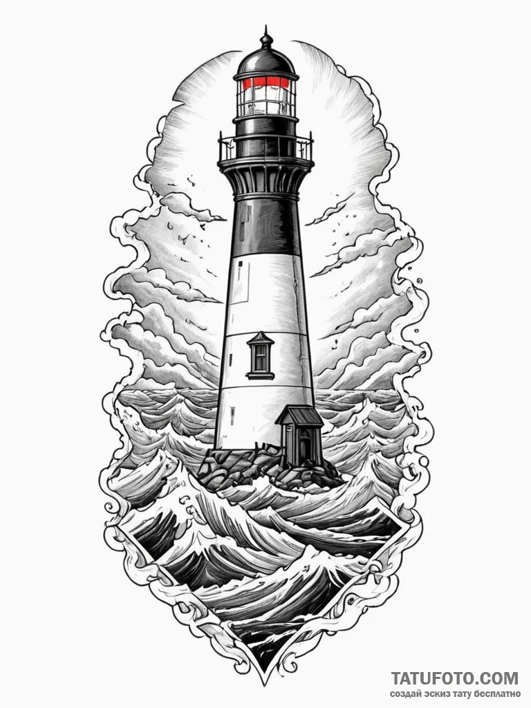 A lighthouse, its beam is a powerful, straigh... - эскиз тату (№1752107445_0, 10.07.2025 00:30) — Tatufoto.com