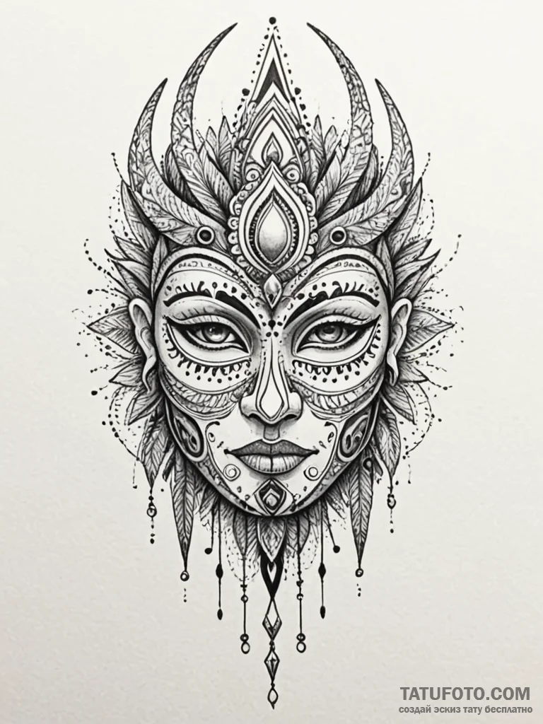 A beautiful, ornate war mask from a forgotten... - эскиз тату (№1752108283_0, 10.07.2025 00:44) — Tatufoto.com