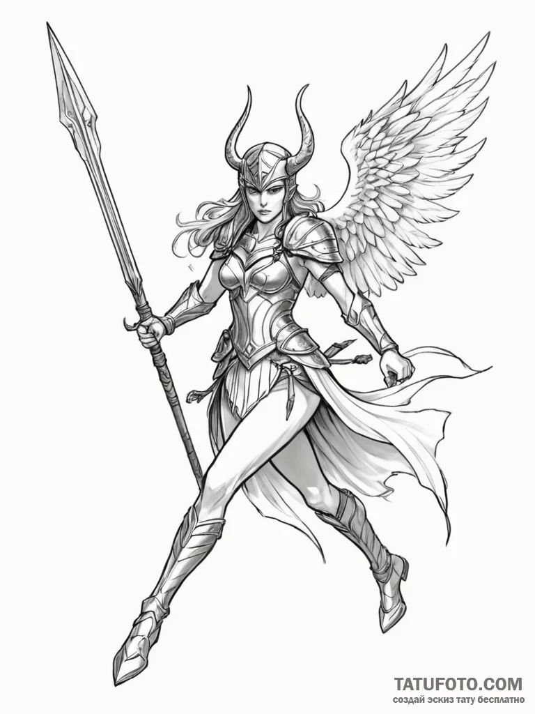 A beautiful, but fierce valkyrie, her spear p... - эскиз тату (№1752108367_0, 10.07.2025 00:46) — Tatufoto.com