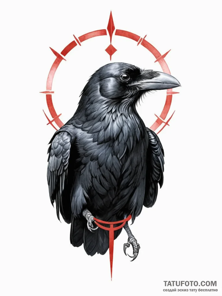 A realistic raven, with a red, geometric halo… — эскиз тату (№1752108616_0, 10.07.2025 00:50) — Tatufoto.com