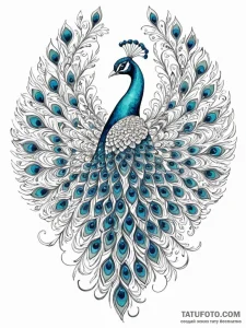 A majestic peacock, its tail a fan of vibrant... - эскиз тату (№1752109534_0, 10.07.2025 01:05) — Tatufoto.com
