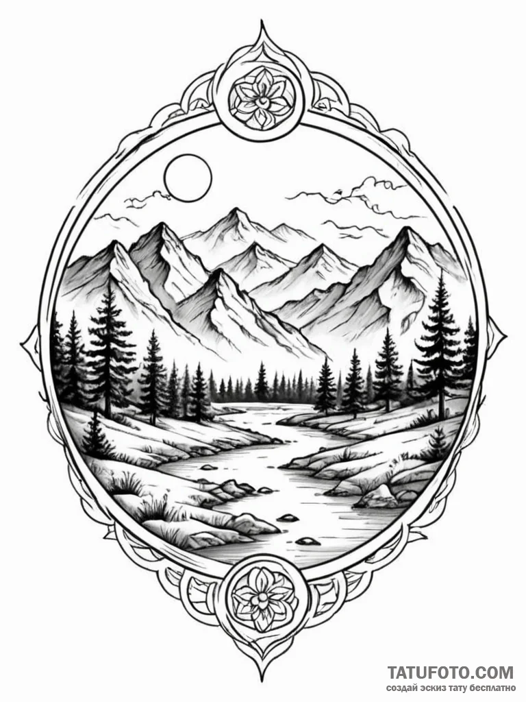 A beautiful, serene landscape of a peaceful v... - эскиз тату (№1752110869_0, 10.07.2025 01:27) — Tatufoto.com