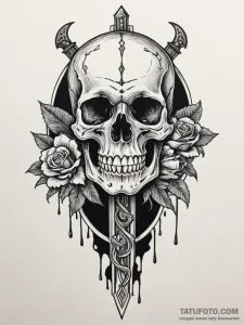 A human skull, with a dagger plunged through... - эскиз тату (№1752111201_0, 10.07.2025 01:33) — Tatufoto.com