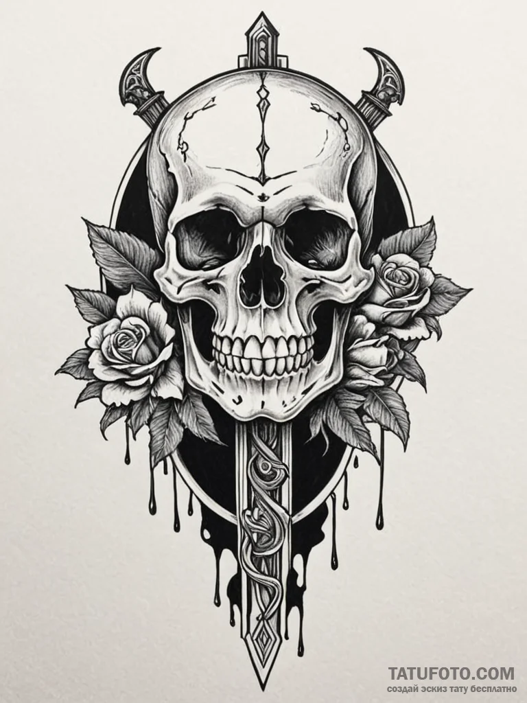 A human skull, with a dagger plunged through… — эскиз тату (№1752111201_0, 10.07.2025 01:33) — Tatufoto.com