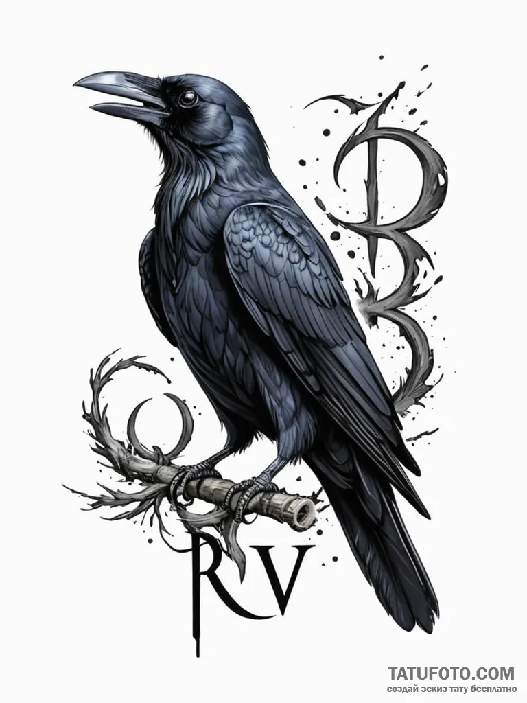 A realistic raven, its feathers are sharp, bl... - эскиз тату (№1752111450_0, 10.07.2025 01:37) — Tatufoto.com