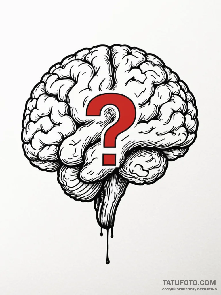 A realistic human brain, with a bold, red que... - эскиз тату (№1752111616_0, 10.07.2025 01:40) — Tatufoto.com