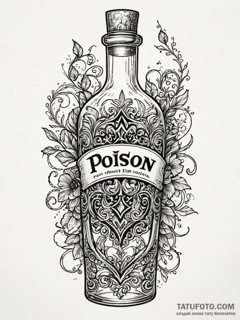 A beautiful, ornate bottle, labeled «poison»,… — эскиз тату (№1752112199_0, 10.07.2025 01:49) — Tatufoto.com