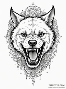 A snarling, rabid dog, its teeth bared, tatto... - эскиз тату (№1752112283_0, 10.07.2025 01:51) — Tatufoto.com