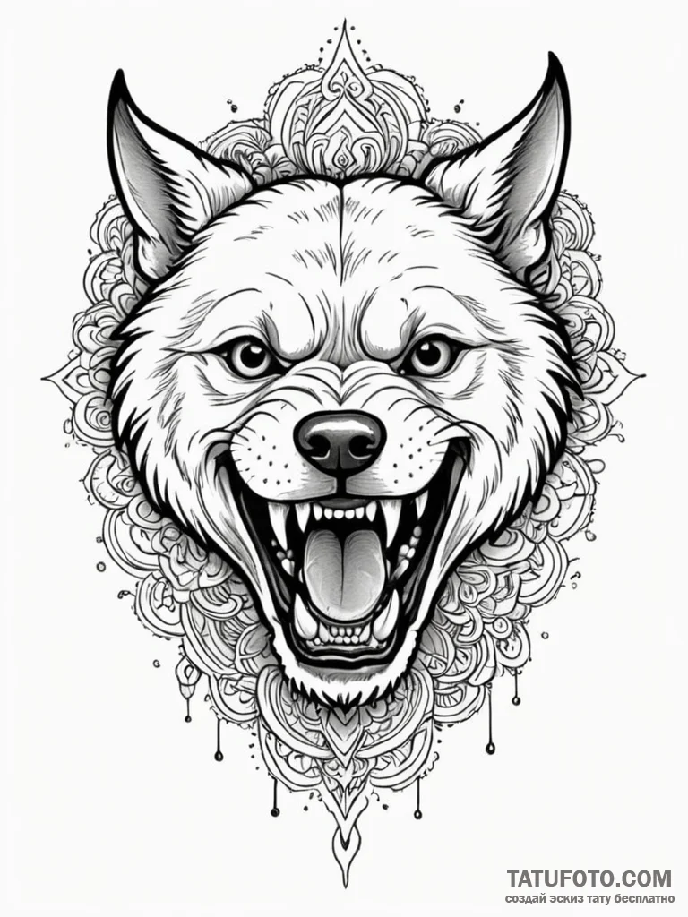 A snarling, rabid dog, its teeth bared, tatto… — эскиз тату (№1752112283_0, 10.07.2025 01:51) — Tatufoto.com