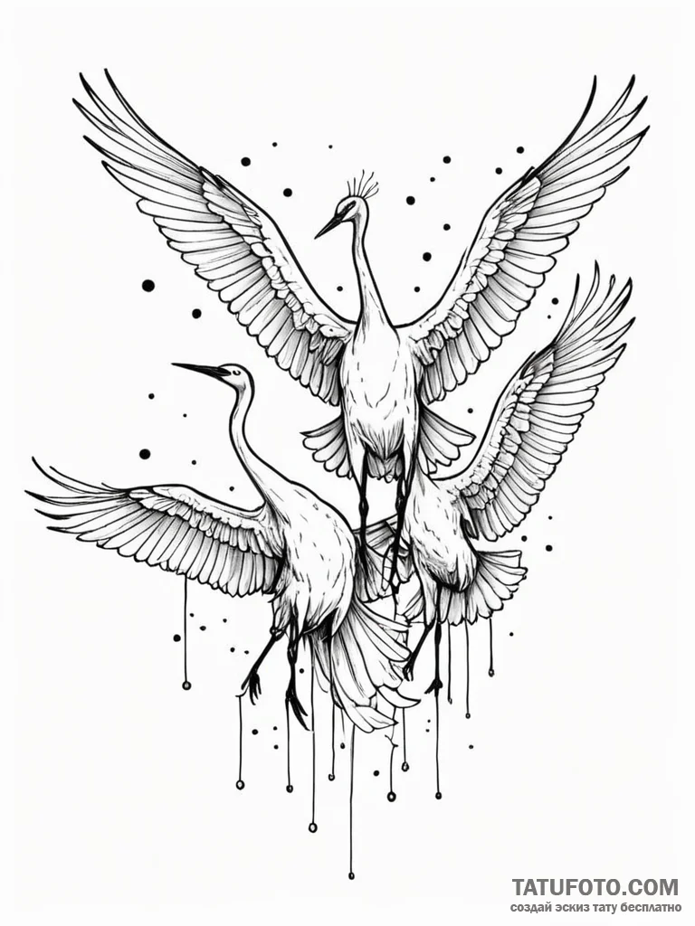 A powerful migratory flock of cranes, their c... - эскиз тату (№1752112702_0, 10.07.2025 01:58) — Tatufoto.com