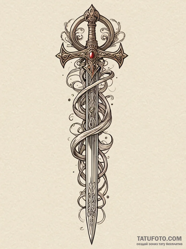 A beautiful, intricate sword, its hilt is a d… — эскиз тату (№1752113119_0, 10.07.2025 02:05) — Tatufoto.com