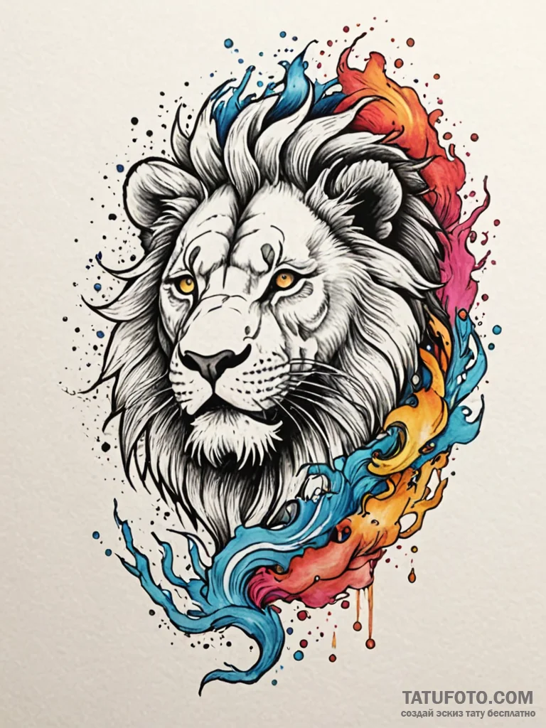 A realistic lion, but its mane is a chaotic e... - эскиз тату (№1752113457_0, 10.07.2025 02:10) — Tatufoto.com