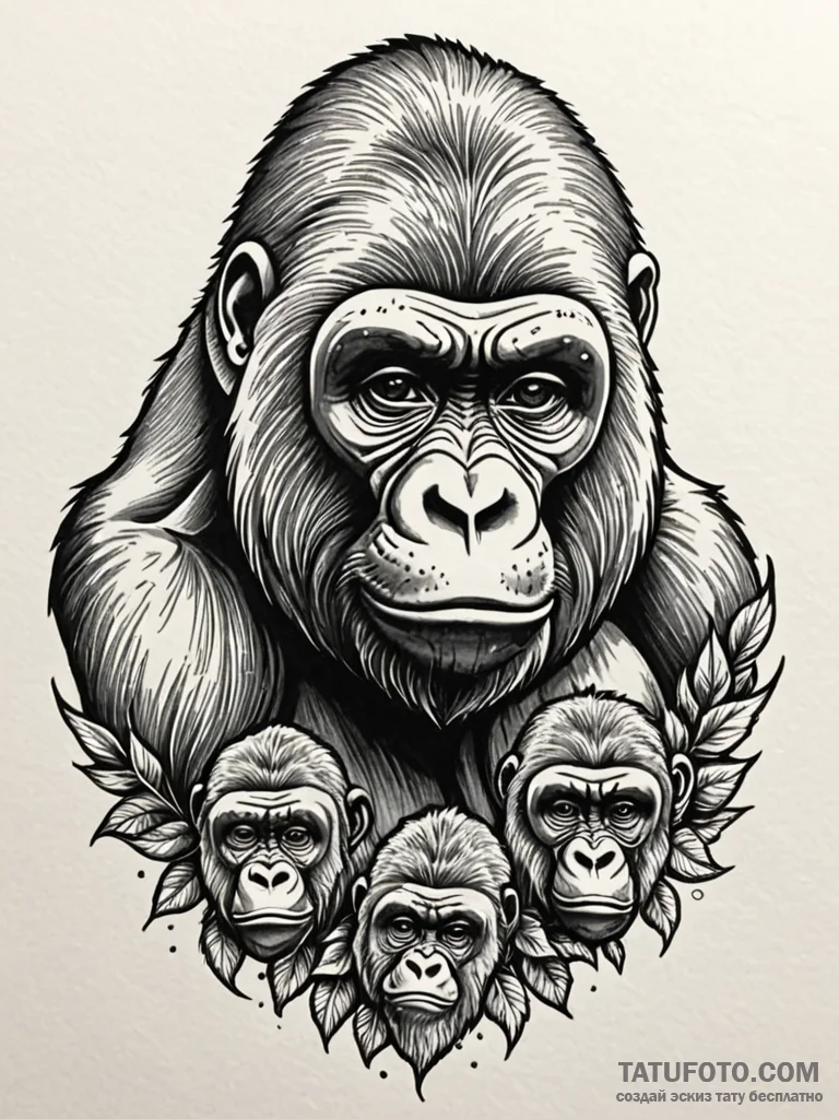 A beautiful, strong family of gorillas, a sym... - эскиз тату (№1752114210_0, 10.07.2025 02:23) — Tatufoto.com