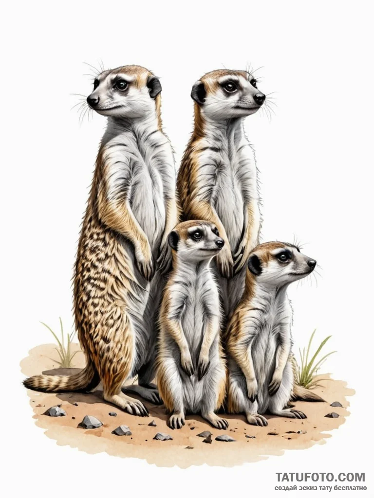 A beautiful, strong family of meerkats, watch… — эскиз тату (№1752114967_0, 10.07.2025 02:36) — Tatufoto.com