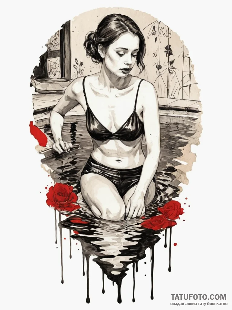 A beautiful woman, looking at her own reflect... - эскиз тату (№1752115468_0, 10.07.2025 02:44) — Tatufoto.com