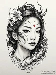 A beautiful, realistic woman's face, with a s... - эскиз тату (№1752117223_0, 10.07.2025 03:13) — Tatufoto.com