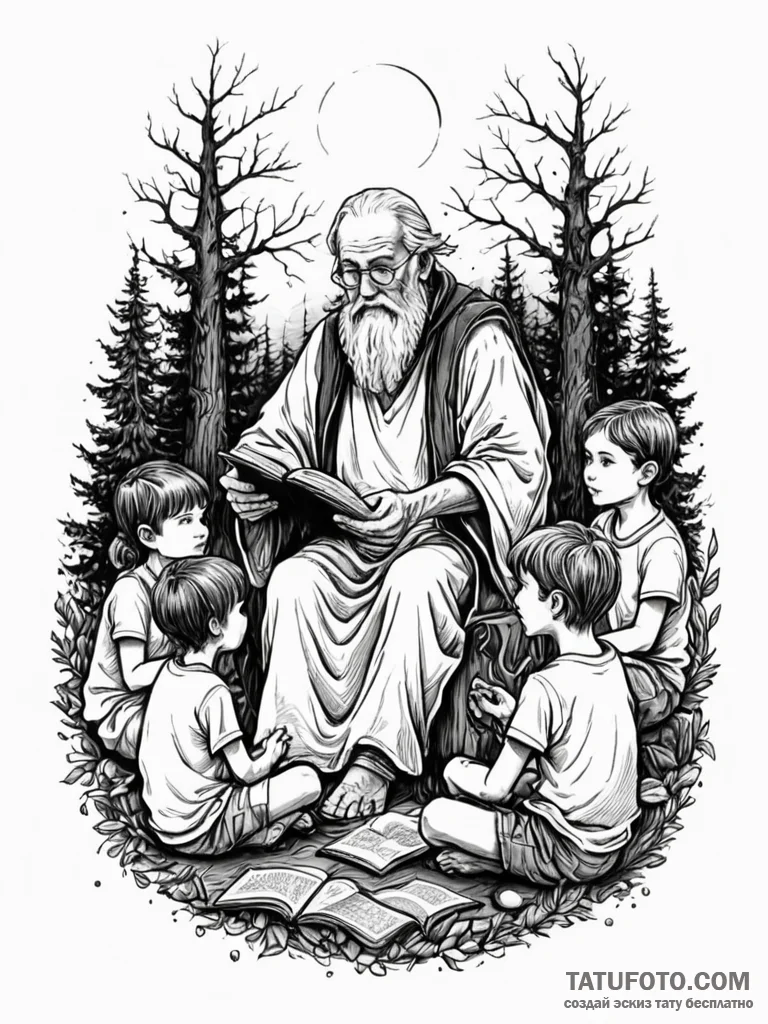 A beautiful, wise old storyteller, surrounded... - эскиз тату (№1752117643_0, 10.07.2025 03:20) — Tatufoto.com