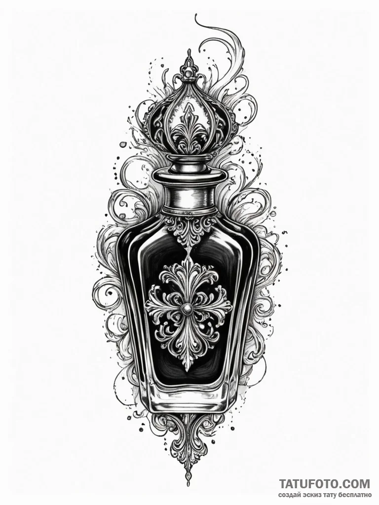 A beautiful, ornate bottle of perfume, with a... - эскиз тату (№1752119103_0, 10.07.2025 03:45) — Tatufoto.com