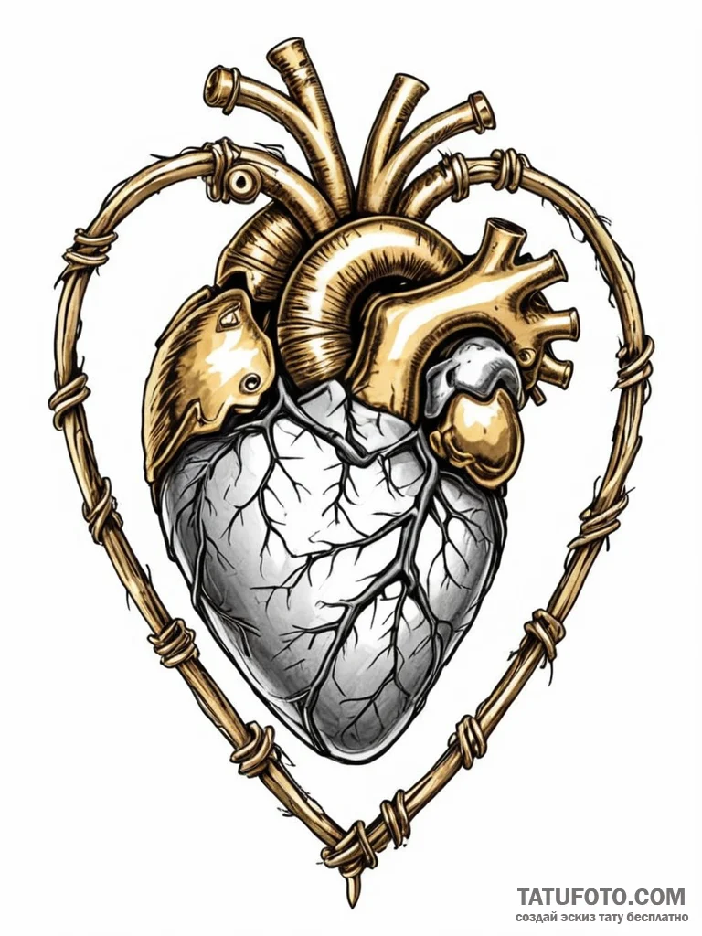 A human heart, wrapped tightly in barbed wire... - эскиз тату (№1752119771_0, 10.07.2025 03:56) — Tatufoto.com