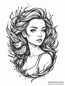 A woman whose hair is a nest for tiny, glowin... - эскиз тату (№1752119854_0, 10.07.2025 03:57) — Tatufoto.com