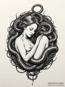 A woman whose hair is a nest of snakes, but t... - эскиз тату (№1752120438_0, 10.07.2025 04:07) — Tatufoto.com