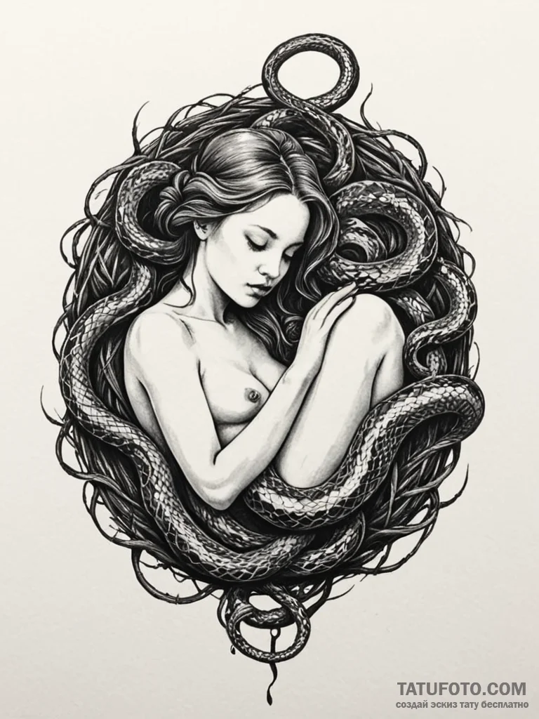 A woman whose hair is a nest of snakes, but t… — эскиз тату (№1752120438_0, 10.07.2025 04:07) — Tatufoto.com