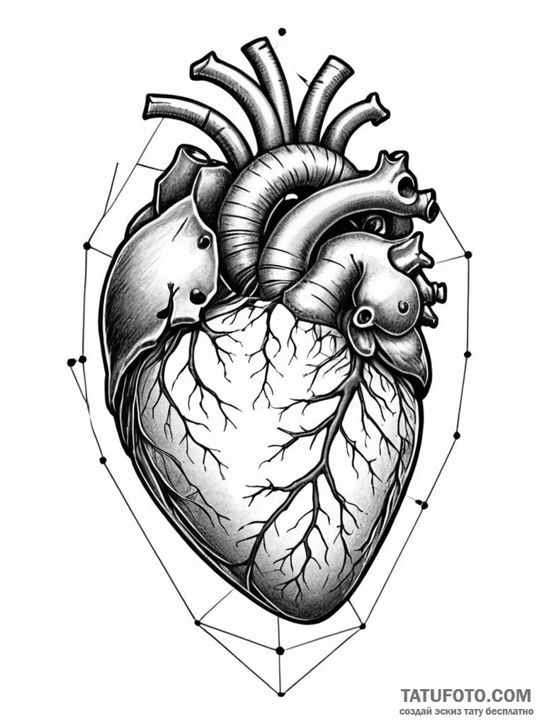 A realistic human heart, in a geometric cage,… — эскиз тату (№1752121190_0, 10.07.2025 04:19) — Tatufoto.com
