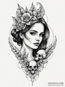 A woman holding a small, intricate bird skull... - эскиз тату (№1752121357_0, 10.07.2025 04:22) — Tatufoto.com