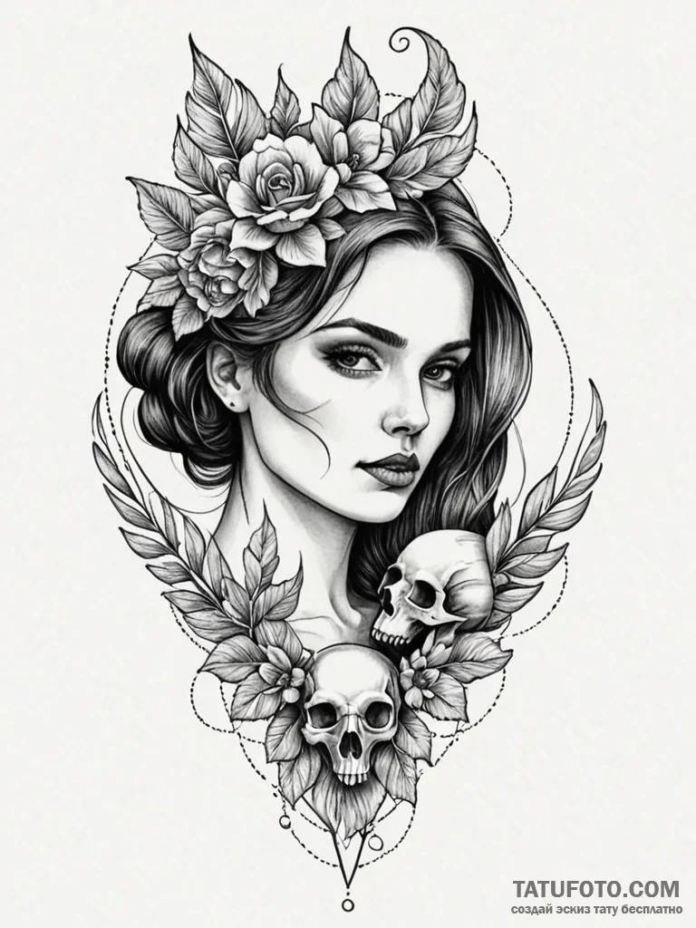 A woman holding a small, intricate bird skull… — эскиз тату (№1752121357_0, 10.07.2025 04:22) — Tatufoto.com