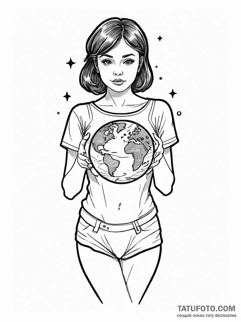 A girl holding a small, glowing planet in her... - эскиз тату (№1752122275_0, 10.07.2025 04:37) — Tatufoto.com