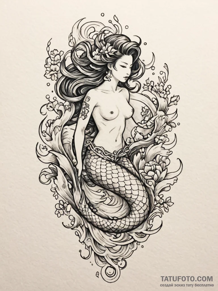 A mermaid, but her tail is made of shimmering... - эскиз тату (№1752123365_0, 10.07.2025 04:56) — Tatufoto.com