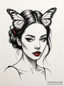A portrait of a girl, a single monarch butter... - эскиз тату (№1752123533_0, 10.07.2025 04:58) — Tatufoto.com