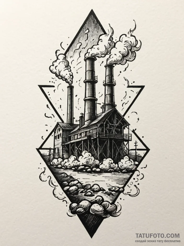 A simple outline of a factory with smoke comi… — эскиз тату (№1752123951_0, 10.07.2025 05:05) — Tatufoto.com