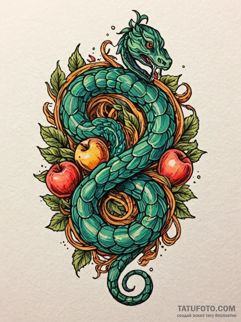 A beautiful, perfect apple, but a serpent is... - эскиз тату (№1752124119_0, 10.07.2025 05:08) — Tatufoto.com