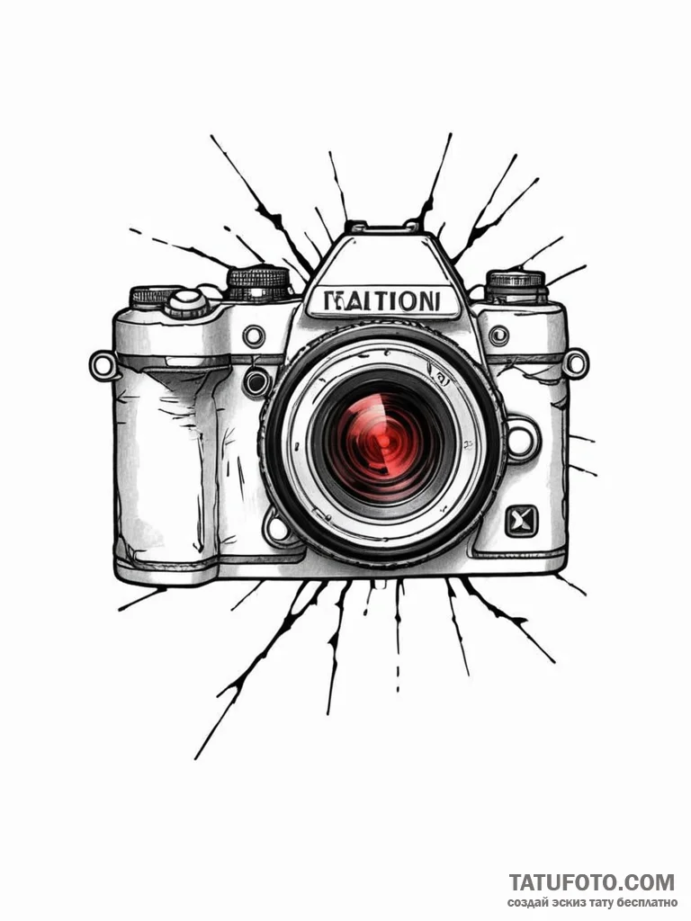 A realistic camera, its lens is cracked, and... - эскиз тату (№1752124619_0, 10.07.2025 05:16) — Tatufoto.com