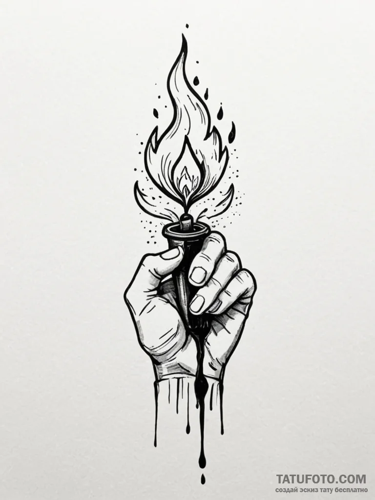 A human hand, holding a single, burning torch… — эскиз тату (№1752124953_0, 10.07.2025 05:22) — Tatufoto.com