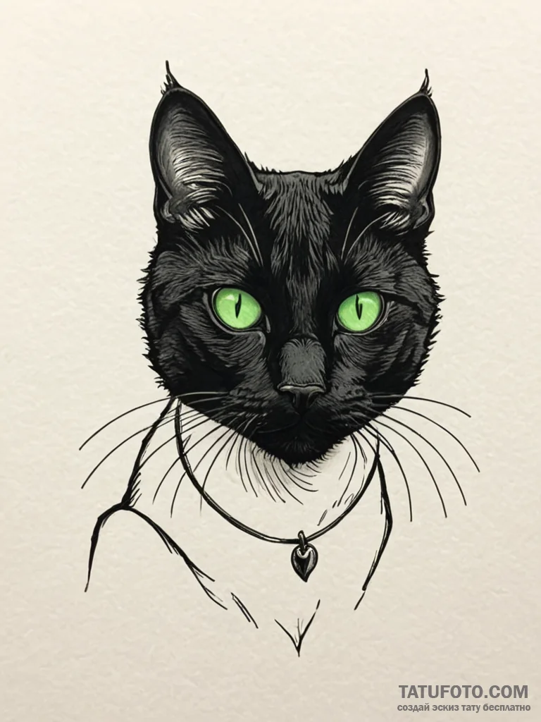 A beautiful black cat with glowing green eyes... - эскиз тату (№1752125037_0, 10.07.2025 05:23) — Tatufoto.com