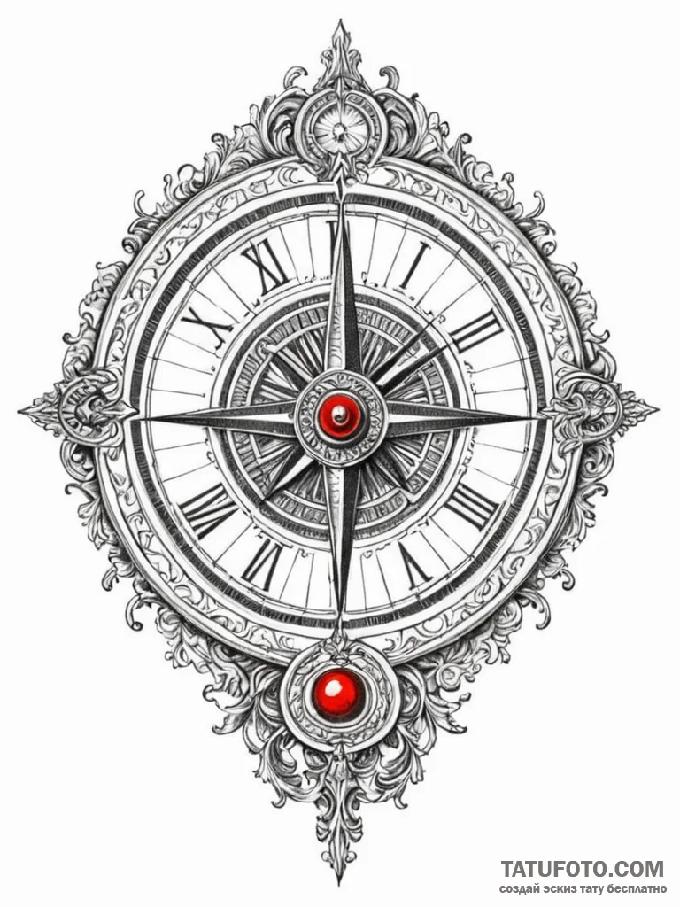 A beautiful, ornate sundial, its shadow point... - эскиз тату (№1752125543_0, 10.07.2025 05:32) — Tatufoto.com