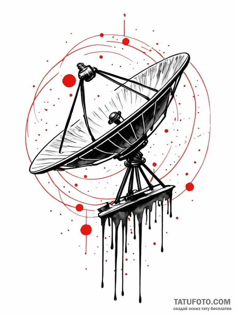 A satellite dish, broadcasting chaotic, black… — эскиз тату (№1752126716_0, 10.07.2025 05:51) — Tatufoto.com