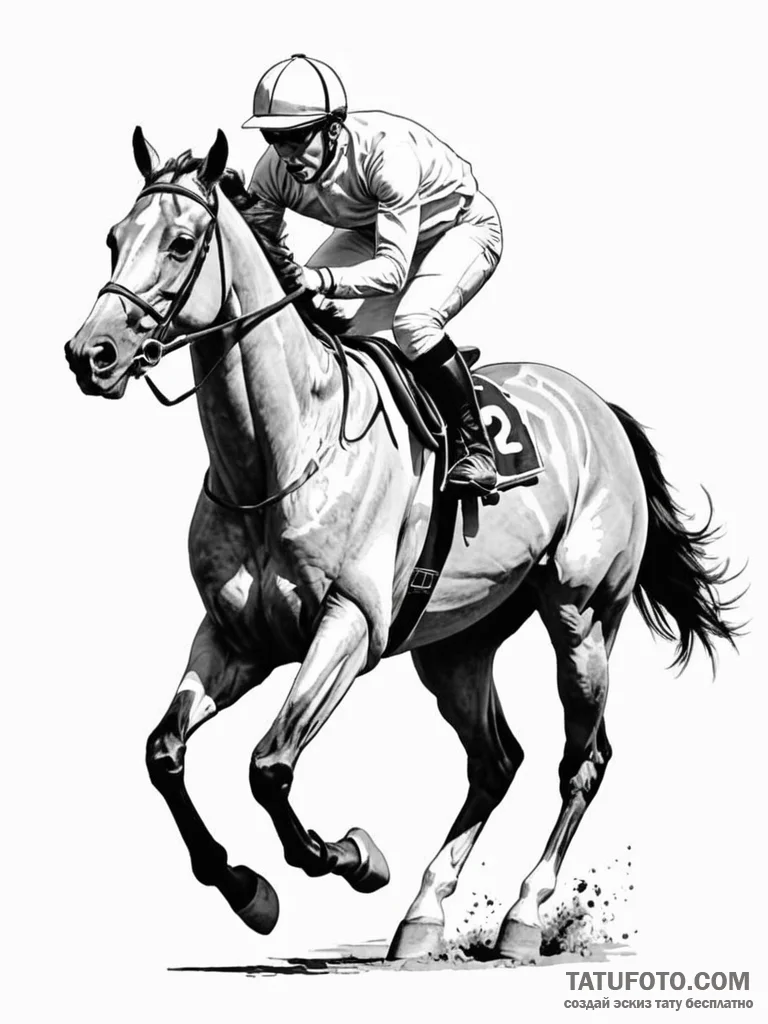 A powerful racehorse, at full gallop, its joc... - эскиз тату (№1752127220_0, 10.07.2025 06:00) — Tatufoto.com