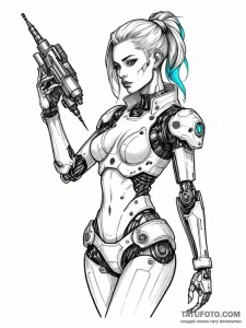 A cyberpunk girl with neon hair and a robotic... - эскиз тату (№1752127388_0, 10.07.2025 06:03) — Tatufoto.com