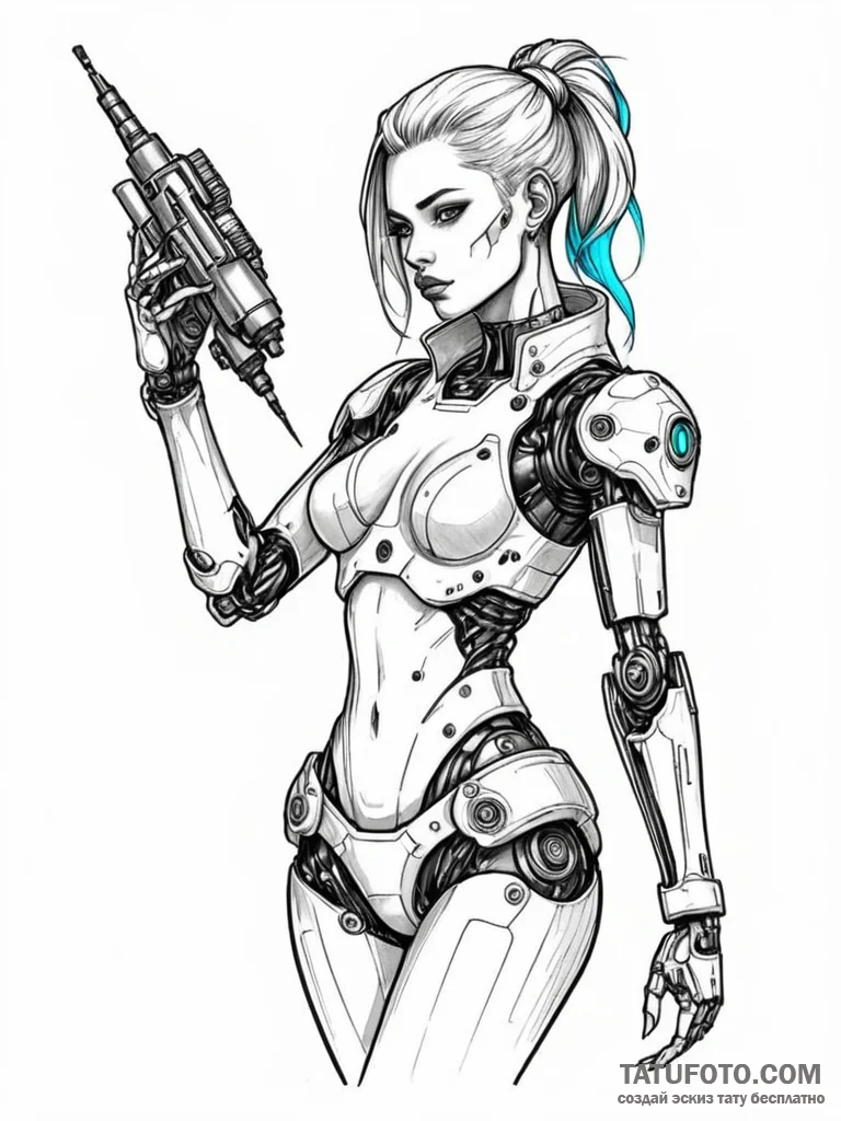 A cyberpunk girl with neon hair and a robotic... - эскиз тату (№1752127388_0, 10.07.2025 06:03) — Tatufoto.com