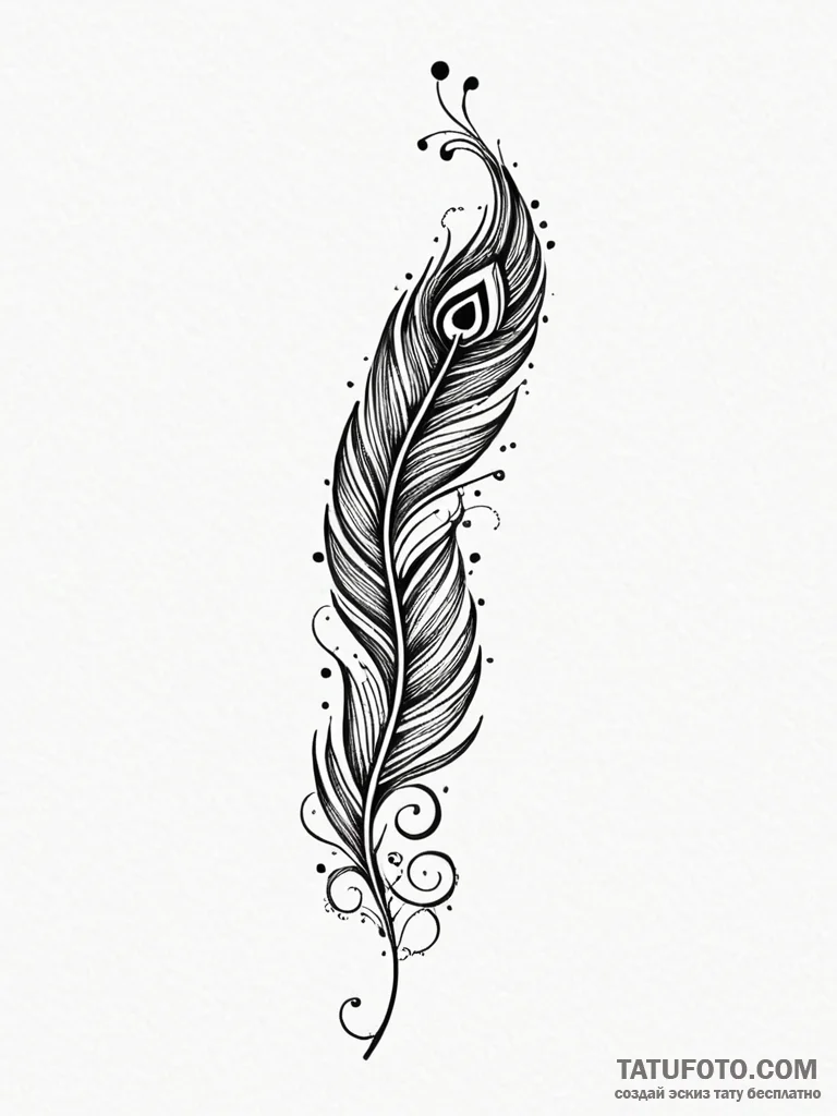 A single, long peacock feather, placed to fol... - эскиз тату (№1752127892_0, 10.07.2025 06:11) — Tatufoto.com